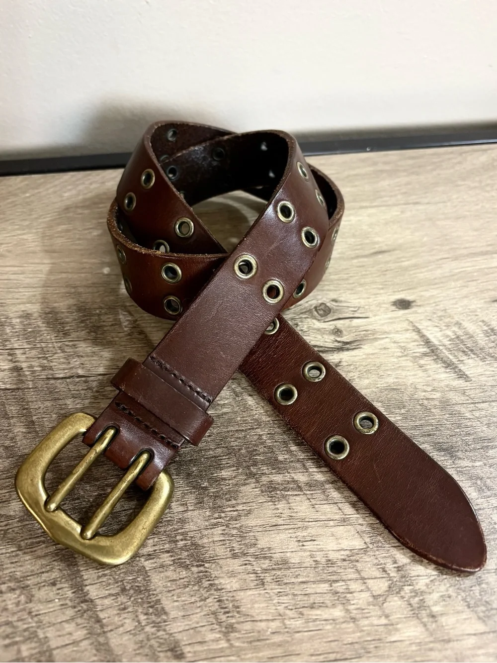Chocolate Brown LEATHER Double BRASS Grommets DOUBLE PRONG Classic BELT  L